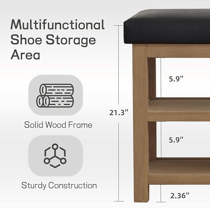Zihanhome Shoe Rack Bench with Leather Cushion, 2 Tier Solid Wood Storage Bench, Mid-Century Modern Shoe Bench for Entryway, Hallway, Closet, Front Door Entrance, Foyer (Black, 31.5)
