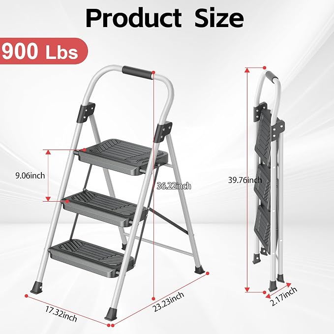 DIAMONDFORGE 3 Step Ladder, Folding Step Stool with Anti-Slip Wide Pedal, Soft Handle, Anti-Slip Feet, Sturdiest Steel Construction, 900lbs Capacity Steel Ladder for Home and Office, GrayBlack
