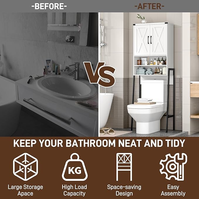 Vabches Over The Toilet Storage Cabinet, Farmhouse Over Toilet Storage Cabinet, Metal Frame with 2 Barn Doors, Home Space-Saving Toilet Rack for Bathroom, Toilet, Laundry Room.