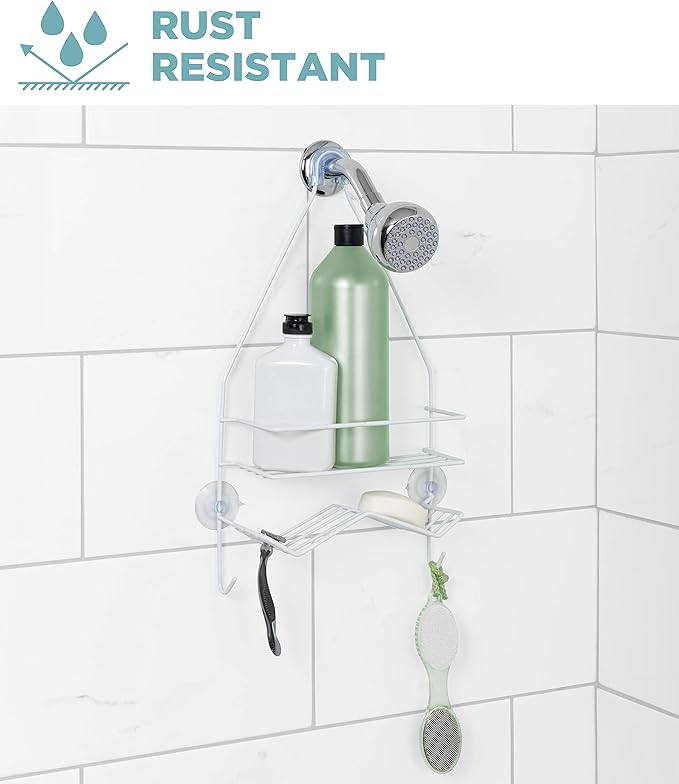 Zenna Home Rust Resistant Hanging Shower Caddy, Over the Shower Head Caddy with 1 Wide Shelf and Built In Soap Dish, Steel Bathroom Hanging Organizer, White