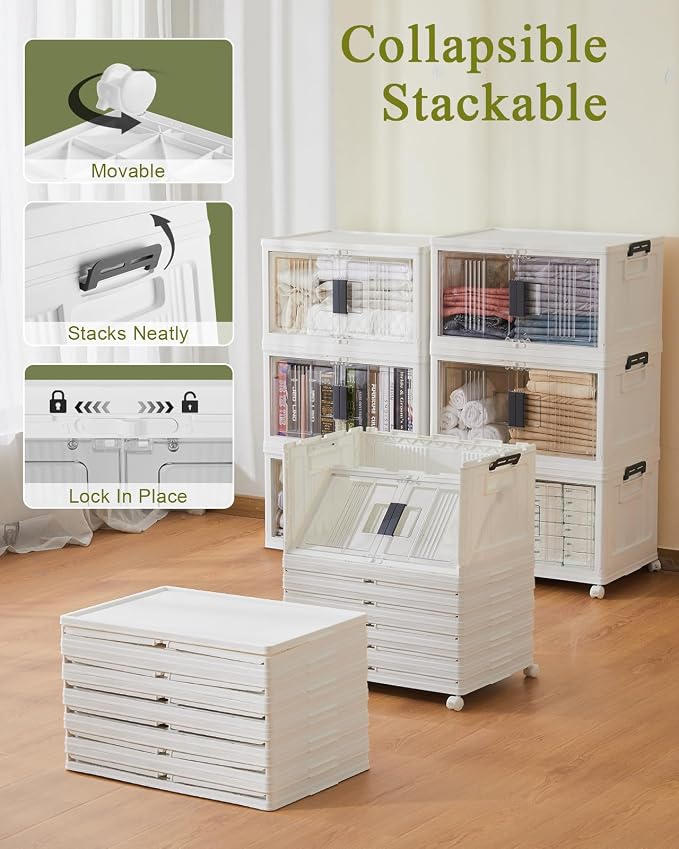 OlarHike 48QT Lockable Stackable Storage Bins with Lids - Folding Storage Boxes with Doors & Wheels, Collapsible Plastic Box for Home, Dorm, Office, Closets, School, Stackable Organizers, 6 Pack Cubes