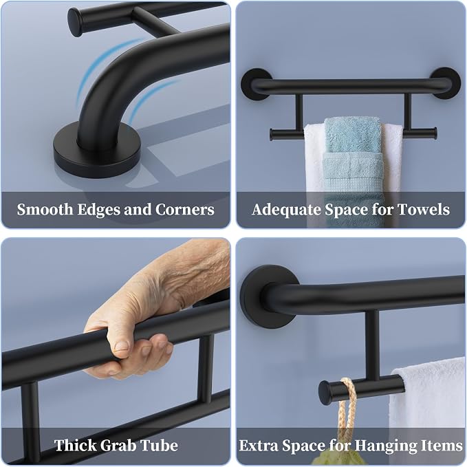 Oil Rubbed Black Grab Bar 17 Inch w/Towel Holder, iHansee Stainless Steel Shower Towel Bar Bathroom Balanced Support Handle, Wall Mount Safety Handrail Grab Rail for Elderly Senior Handicap Disabled