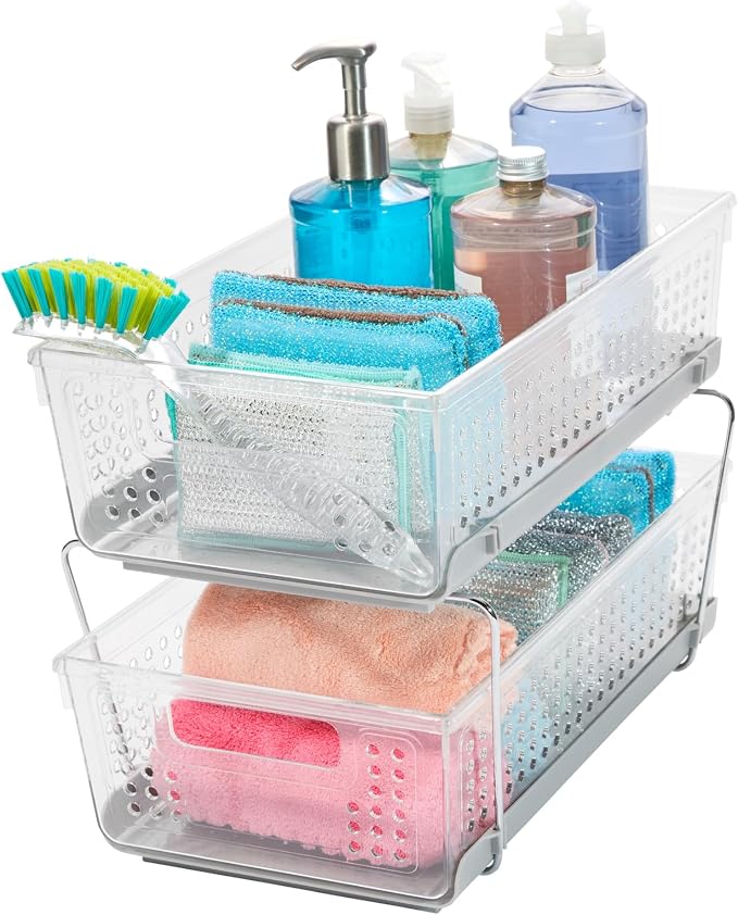 madesmart 2 Tier Bath Organizer,Undersink Storage with Sliding Drawers,for Cleaning Supplies, Pantry, Sponges,Bottles&Kitchen Essentials,Adjustable Dividers&Pull Out Sliding Baskets,Frost, (Pack of 2)