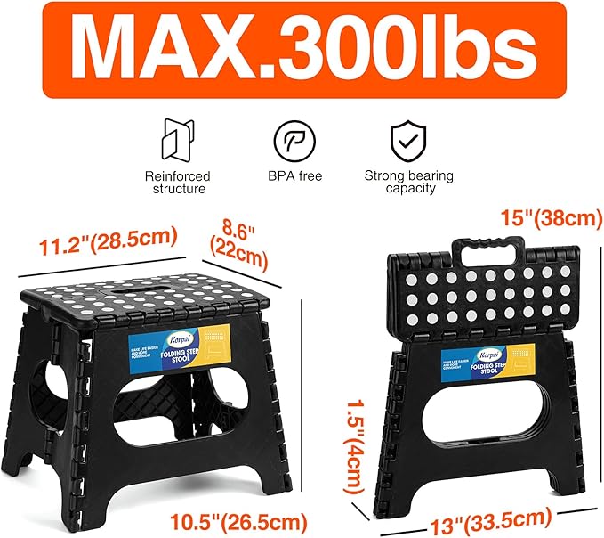Korpai 11" Folding Step Stool for Adults and Kids Holds Up to 300 lbs,Non-Slip Folding Stools with Portable Handle, Compact Plastic Foldable Step Stool for Bathroom,Bedroom, Kitchen Black, 1PC