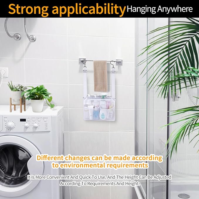4 Storage Pockets Adjustable Hanging Mesh Bathroom Bag, Shower Caddy College with Hooks, Applied to College Dorm Rooms, Gym, Swimming and RV Travel (White)