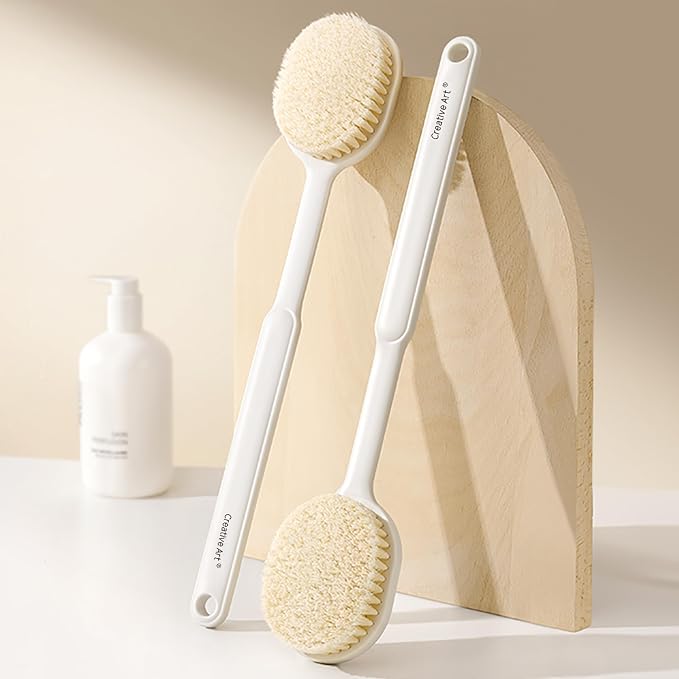 Back Scrubber for Shower for Women Men, Body Brush with Long Handle, Exfoliating Bath Washer with Soft Bristles, Body Exfoliator for Wet or Dry Brushing, Back Scrub Deep Cleaning, White