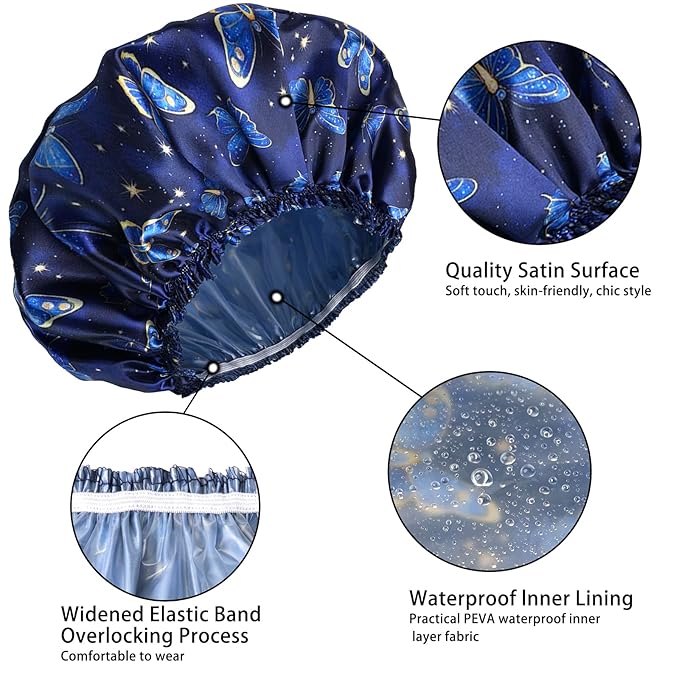 4 PCS Shower Cap for Women, Elastic and Reusable Bath Caps, Double Layers Shower Caps Reusable Waterproof, Bathing Shower Caps, Environmental Bath Hair Protection Cap - Butterfly A