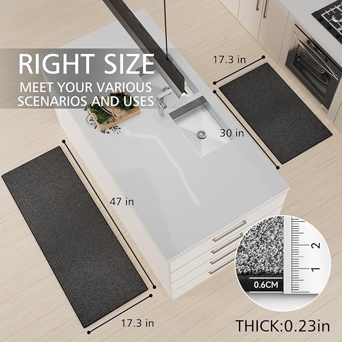 SUMLANS Kitchen Mat Set of 2 PCS, Cushioned Non Slip Rugs for Kitchen Floor, Absorbent Runner Comfort Standing Mats Washable for Kitchen, Office, Home (Black-Velvet, 17.3"x47"+17.3"x30")