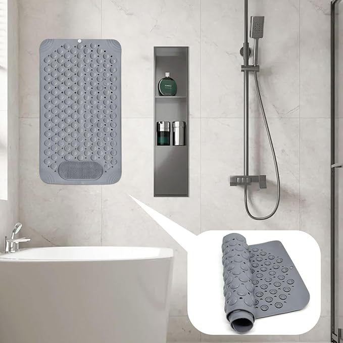 Bath Tub Shower Mat, 27x14 inch Non Slip Bathtub Mat with Suction Cups, Anti Slip Shower Mat with Drain Holes Suction Cups,Shower Foot Scrubber Mat, Foot Massage Bath Mat (Grey)