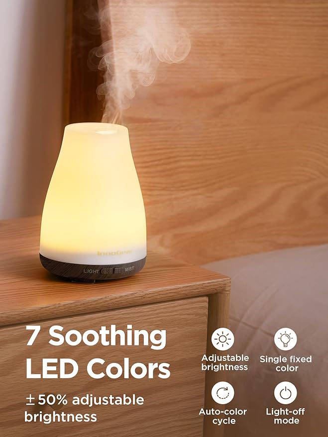 InnoGear Essential Oil Diffuser, Ultrasonic Diffusers for Home Aromatherapy Humidifier for Bedroom Room 7 Colors LED 2 Mist Mode Auto Off, Brown Base