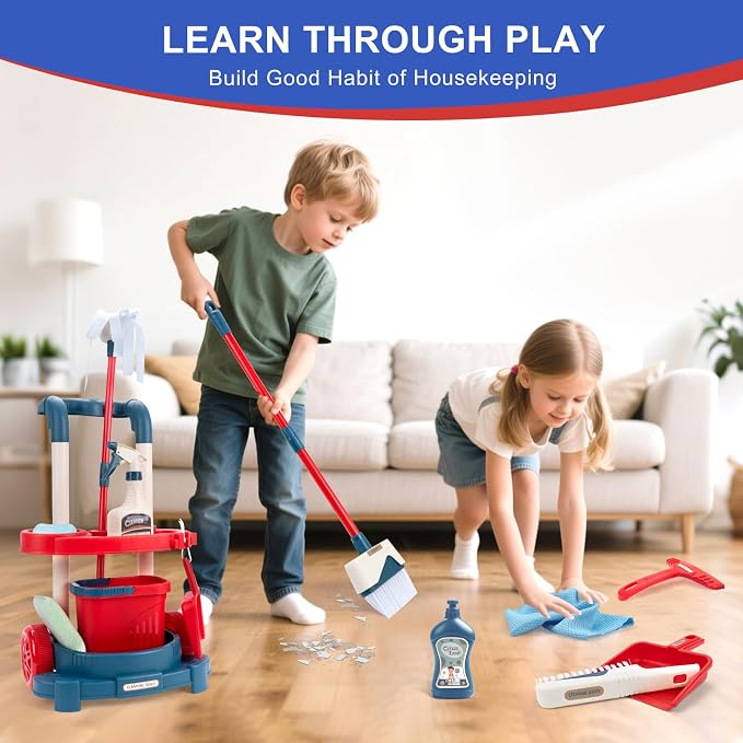 Toddler Cleaning Set, 12PCS Detachable Kids Broom and Dustpan Set Includes Mop, Brush, Scraper, Handcart, Bucket and More, Pretend Play Housekeeping Kit, Birthday Gift for Boys Girls Aged 3+