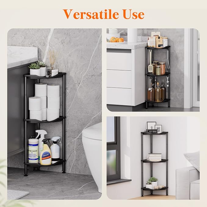 Lifewit Floor Standing Shower Caddy Corner, 3 Tier Plastic Shower Stand Rack with Adjustable Feet and Hooks, Rustproof Bathroom Shelf Organizer, Black, 34 x 24 x 75 cm/13 x 9.5 x 29.5 inch
