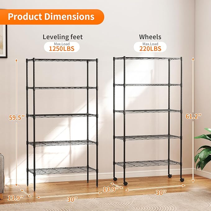 BestOffice | 5-Tier Wire Storage Shelves with Wheels | 14 x 30 x 61 | Black | with Adjustable Racks | Heavy-Duty Metal Shelf, Holds Upto 1250 lbs | No-Tool Assembly | Ideal for Home & Garage Shelving