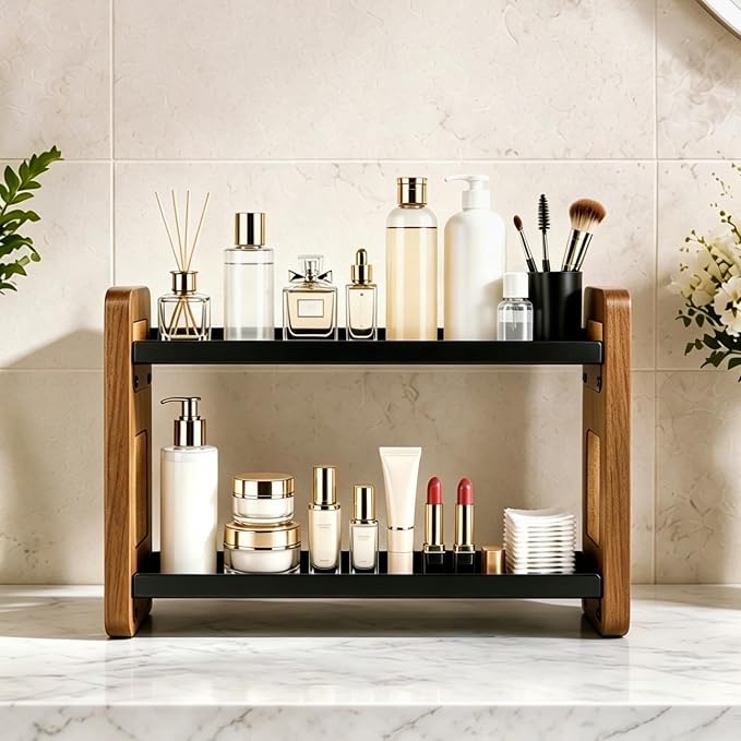 2-Tier Acacia Wood Bathroom Countertop Organizer and Storage, Vanity Bathroom Sink Organizer Shelf for Skin Care Makeup Cologne and Perfume, Small Dresser Counter Organizer-Brown