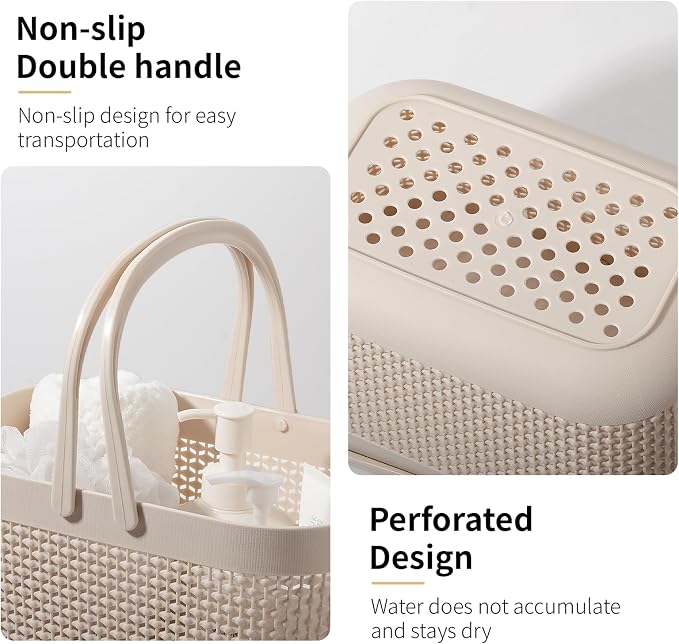 UUJOLY Plastic Organizer Storage Baskets with Handles, Shower Caddy Bins Organizer for Bathroom and kitchen, Beige