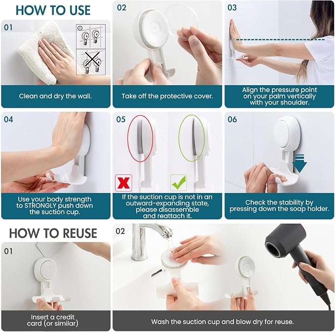 TAILI Suction Cup Razor Holder in Shower 2 Pack, Towel, Loofah, Shaver Holder for Bathroom Wall, Powerful Suction Cup Shower Hooks, Easy to Install and Reuse, White