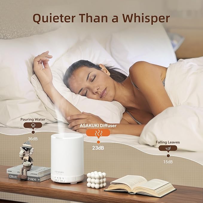 ASAKUKI Essential Oil Diffuser for Home, 300 ml Humidifier with Automatic Shut-Off, Quiet Aromatherapy Diffuser with 7 LED Lights for Living Room, Kitchen, Bedroom, Hotel - White Wood