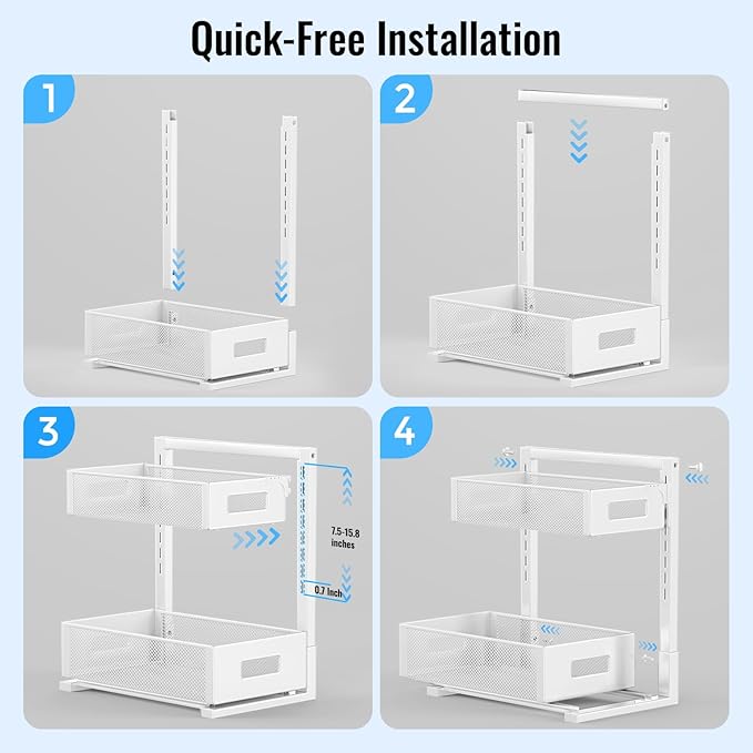 TISTAYA Under Sink Organizer, Bathroom Organizers and Storage, Cabinet Organizer Pottery Barn Furniture for Kitchen, Bathroom, Pantry, Laundry, Study, White，1XL, 2PCS