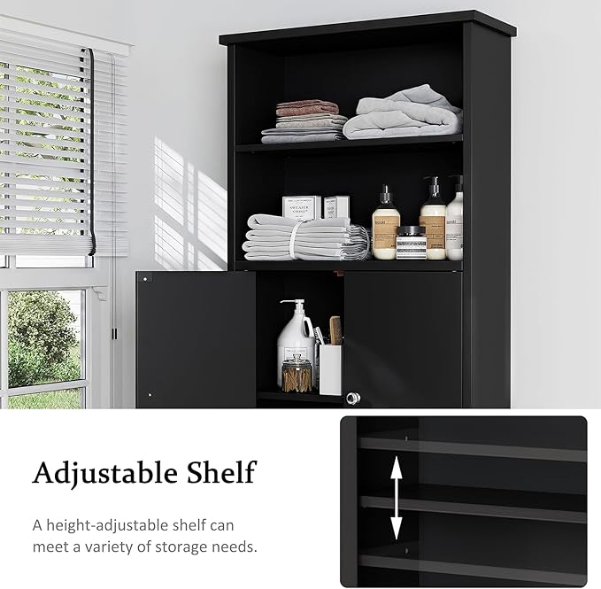 Over the Toilet Storage Cabinet for Bathroom, 75in Black Over Toilet Cabinet Freestanding Storage Organizer, Space Saver with Doors and Adjustable Shelf, Black