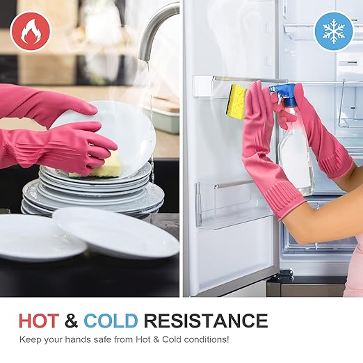 DABOGOSA Mamison 2 Pairs Reusable Waterproof Household Dishwashing Cleaning Rubber Gloves, Non-Slip Kitchen Glove (Pink, Medium (Pack of 2))
