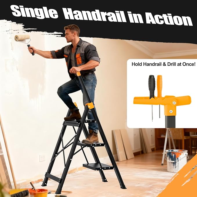 3 Step Ladder with Single-Handrail, Aluminum Step Stool Foldable, Lightweight Sturdy Step Ladder with Anti-Slip Pedals,Convenient Handrail for Home Kitchen Closet, 600lbs Max Load Capacity (Yellow)