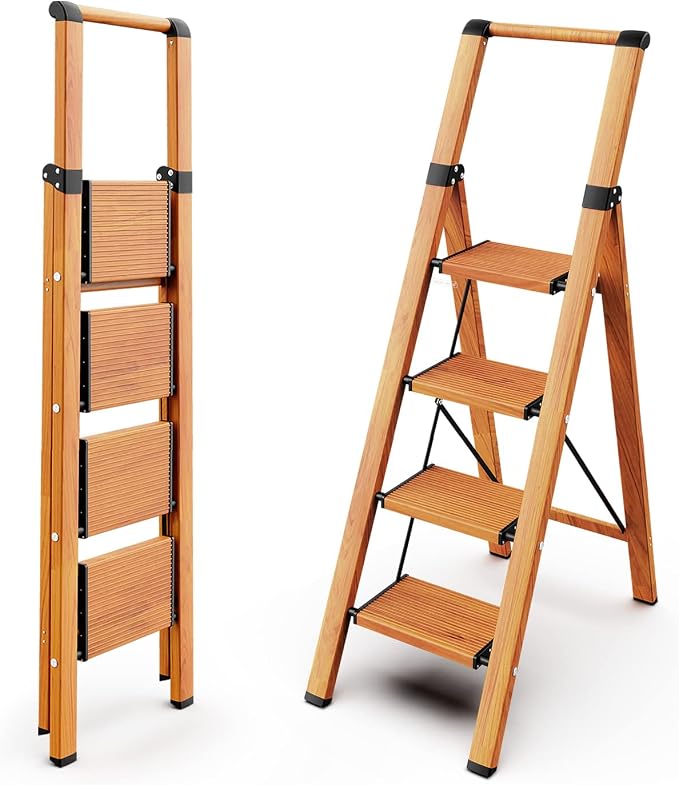 WOA WOA 4 Step Ladder, Ladders for Home, Anti-Slip Pedals, Aluminum Step Stool Foldable, Lightweight to Move, Ease of Storage, Reach 9ft for Closet Kitchen Library, Hold 300lbs - Wood Grain