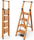 WOA WOA 4 Step Ladder, Ladders for Home, Anti-Slip Pedals, Aluminum Step Stool Foldable, Lightweight to Move, Ease of Storage, Reach 9ft for Closet Kitchen Library, Hold 300lbs - Wood Grain