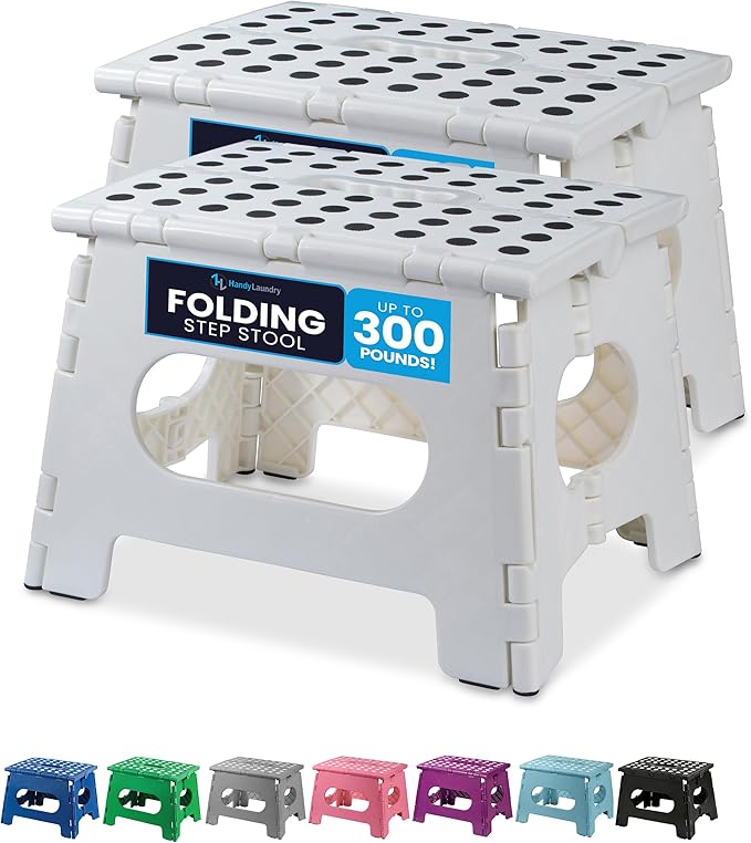 Handy Laundry Folding Lightweight Step Stool - Sturdy Enough to Support Adults - Opens Easy with One Flip - Great for Kitchen, Bathroom or Bedroom (White | 2-Pack)