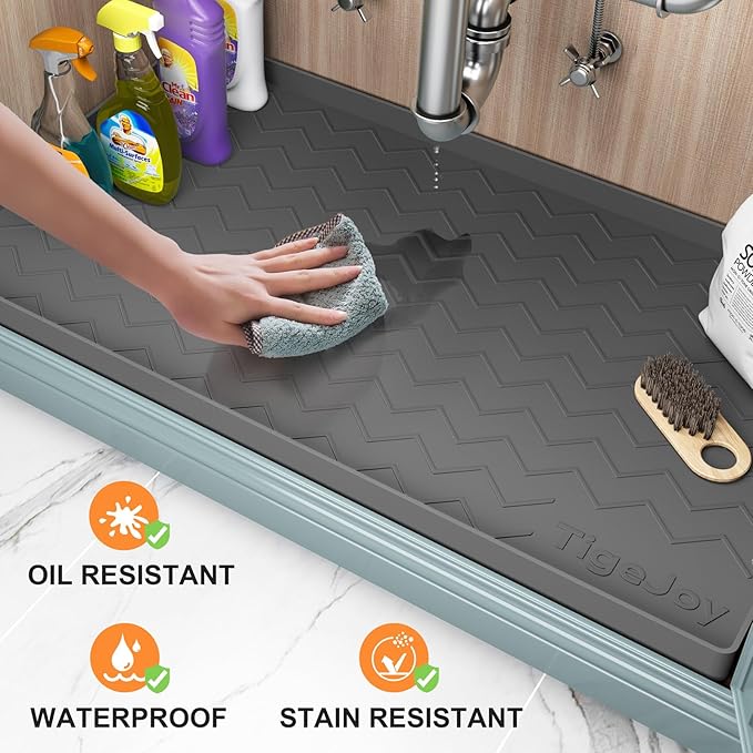 TigeJoy Under Sink Mat 28" x 22", Silicone Mats in Kitchen Bathroom Organizers and Storage, Waterproof Protector for Drawer Shelf and Cabinet Liner, Flexible Drip Tray