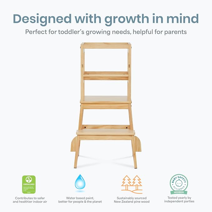 Dream On Me 2-in-1 Funtastic Tower and Step Stool, Toddler Step Tower for Learning & Play, Safety Rails, Anti-Skid Pads, Non-Slip Strips & Stabilizer Fins for Safe Counter Activities - Natural