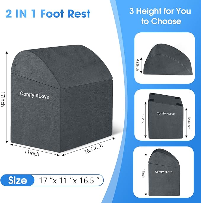 Foot Rest for Under Desk at Work - Non-Slip Foot Stool with 3 Adjustable Heights, Ergonomic Under Desk Footrest with Washable Cover for Leg Elevation, Desk, Home, Office, Car (Dark Grey)