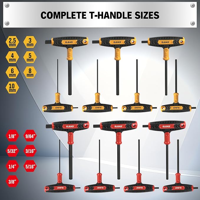 ELEAD 14-Piece T-handle Allen Wrench Set, Metric 2.5mm-10mm & SAE 1/8"-3/8" Portable Hex Key, Long Arm Allen Key Set with Storage Box for Basic Home Repair and Mechanical Maintenance