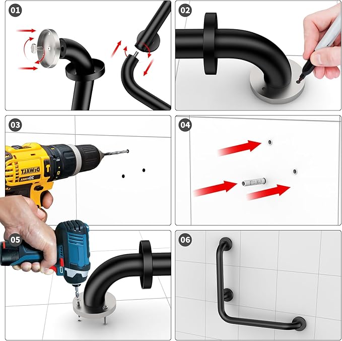 16 Inch Angled Grab Bar, iHansee L-Shaped Shower Grab Bar w/16 Inch Straight Bathroom Balance Bar, Stainless Steel Safety Handle for Seniors Elderly Injury Handicap, Matte Black