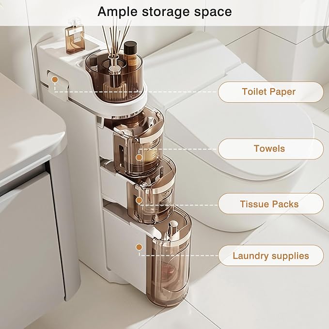 VECELO 3-Tier Slim Bathroom Storage Cabinet with Wheels, Skinny Bathroom Storage Cabinet with Drawers, Toilet Paper Holder, Movable Narrow Floor Cabinet for Small Space, Bathroom