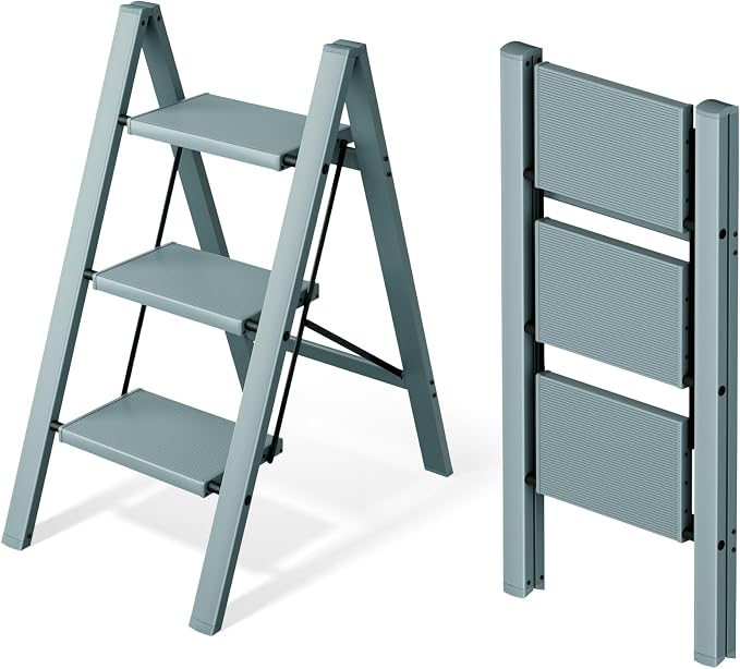 Mayi Plus 3 Step Ladder,Aluminum Folding Step Stool for Adults,Step Ladder with Wide Anti-Slip Pedal,330 lbs Capacity for Home,Office,Kitchen,Library(Blue)