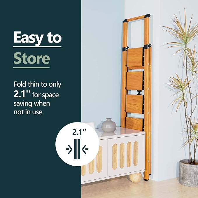 WOA WOA 5 Step Ladder, Ladders for Home, Anti-Slip Pedals, Aluminum Step Stool Foldable, Lightweight to Move, Ease of Storage, Reach 10ft for Closet Kitchen Library, Hold 300lbs - Wood Grain