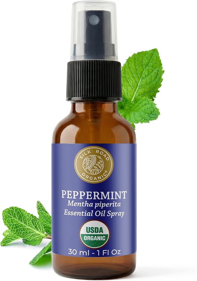 Silk Road Organic Peppermint Essential Oil Spray for Head Tension, Nausea, Morning Sickness, Energy & Focus - 1 oz. USDA Certified Body Spray - Always Pure, Always Organic