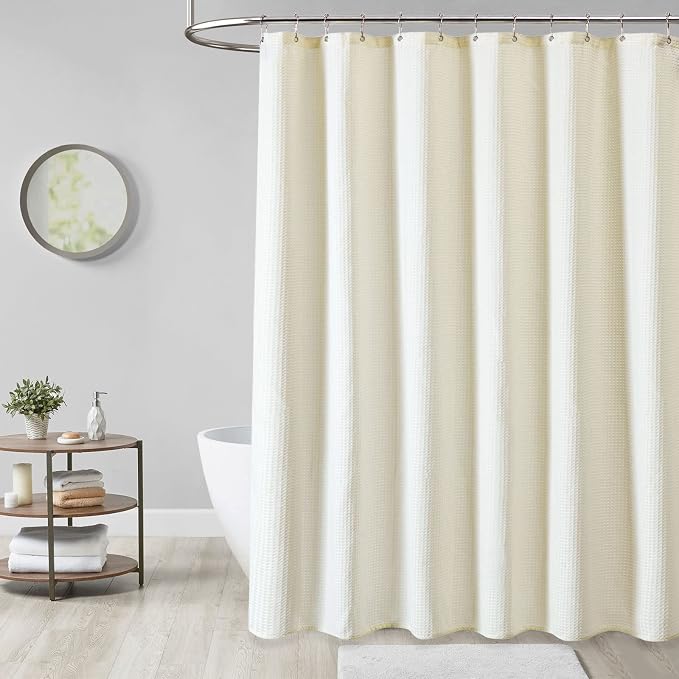 Dynamene Ivory Fabric Shower Curtain - Waffle Textured Heavy Duty Cloth Curtains for Bathroom, 256GSM Hotel Luxury Weighted Polyester Bath Curtain Set with 12 Plastic Hook, 72Wx72H,Cream/Ivory
