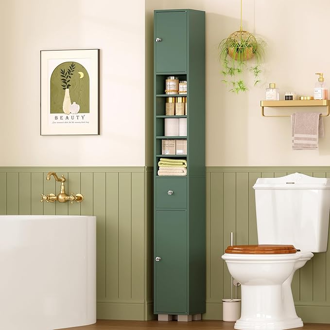 TEENFON Bathroom Cabinet, Narrow Bathroom Storage Cabinet with 5 Adjustable Shelves & Drawer, Freestanding Cupboard for Small Spaces, Green