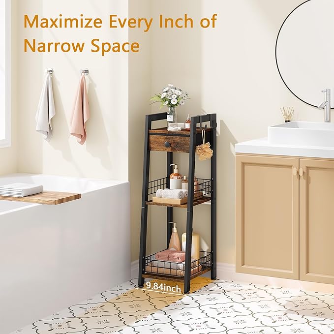 Gewudraw 3-Tier Narrow Ladder Shelf with Drawer, Bathroom Table Stand for Small Space, Narrow Bathroom Standing Shelves with Storage for Living Room Bedroom Kitchen, Organizer Shelf, Rustic Brown