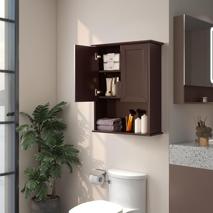 VANIRROR Wall Cabinet, 23x29 inch Medicine Cabinet, Over Toilet Storage with Adjustable Shelf, Wooden Expresso Bathroom Cabinet with 2 Doors