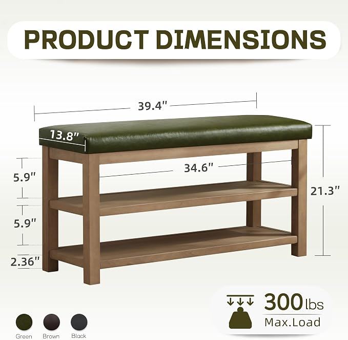 Zihanhome Shoe Rack Bench with Leather Cushion, 2 Tier Solid Wood Storage Bench, Mid-Century Modern Shoe Bench for Entryway, Hallway, Closet, Front Door Entrance, Foyer (Green, 39.4")