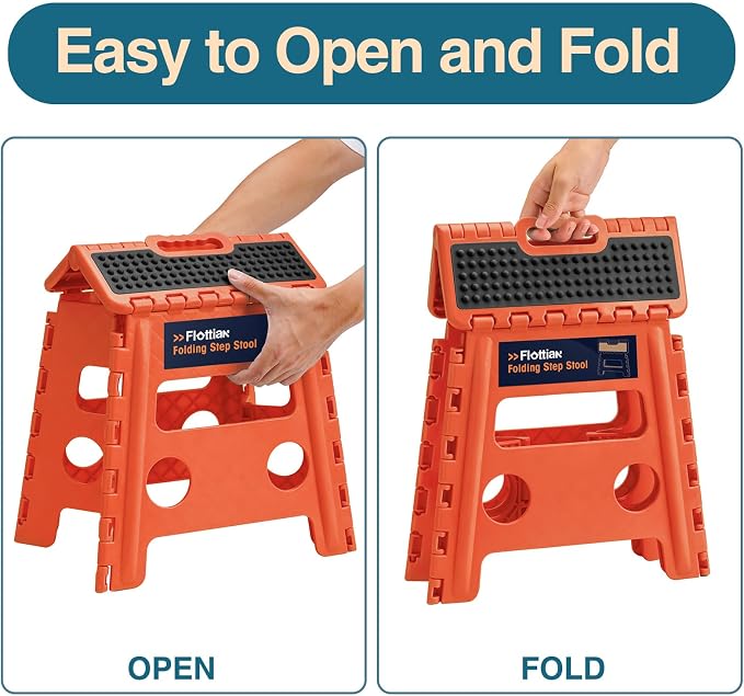 Flottian 13" Folding Step Stool for Adults and Kids Holds Up to 300 lbs,Non-Slip Folding Stools with Handle, Compact Plastic Foldable Step Stool for Bathroom,Bedroom, Kitchen,Orange-Red,1PC