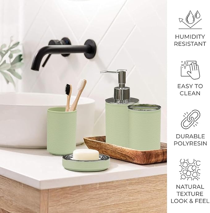 CERBIOR Bathroom Accessories Set Bath Ensemble Includes Soap Dispenser, Toothbrush Holder, Toothbrush Cup, Soap Dish for Decorative Countertop and Housewarming Gift (Apple Green)