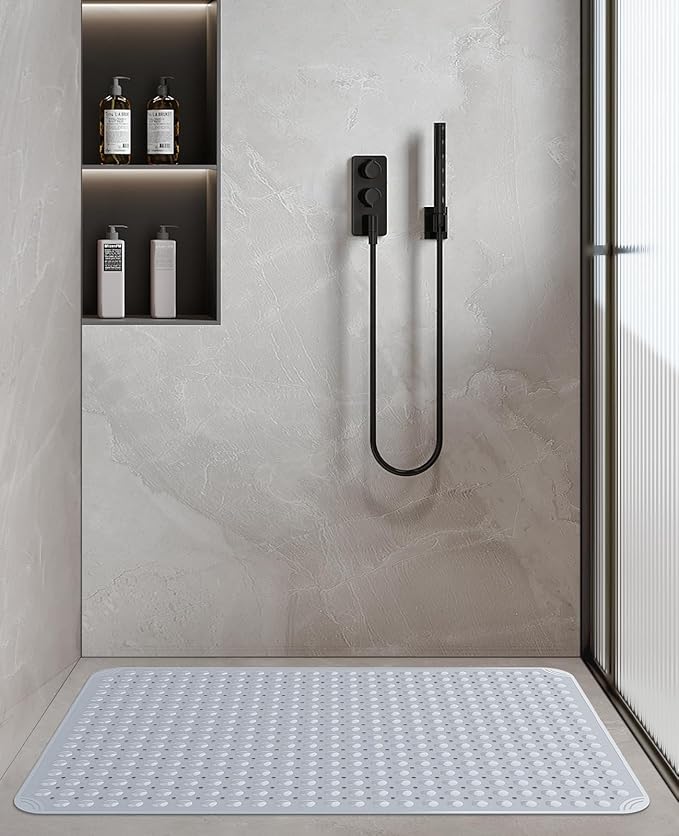 Yolife Extra Large TPE Shower Mat, 47.2" L x 31.5" W Anti Slip Bath Mat with Drain Holes and Suction Cups, Large Size Mat More Suitable for Shower Stall, No Odor, Heavy Mat