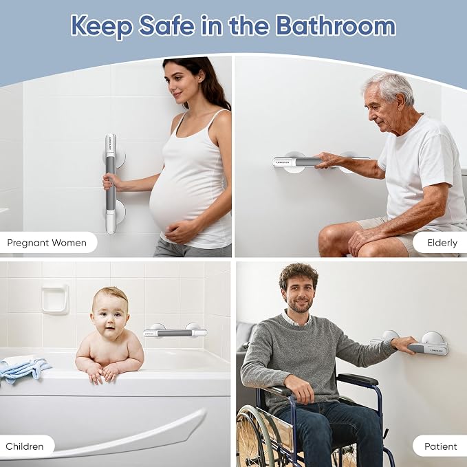 Grab Bars for Bathtubs and Showers with Indicator, Suction Cup Shower Handle, Surface Safety Grip, Strip Locking Latches Removable Bathroom Support, Easy Install Tool-Free Design (2-PCS)