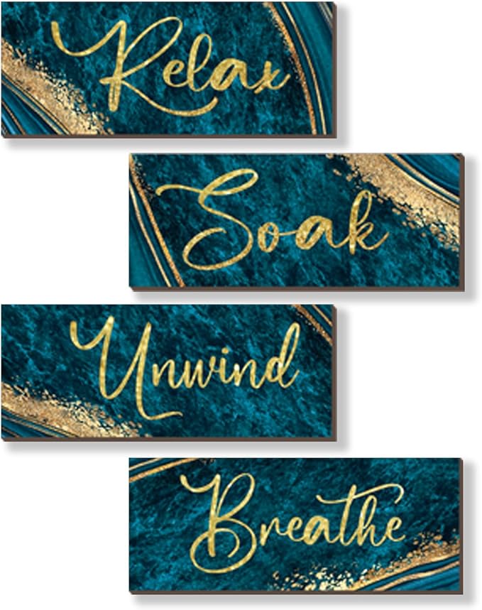 ONIZHITY 4 Pcs Teal and Gold Wall Decor - Rustic Marble Style Bathroom Accessories for Bedroom and Living Room (Teal Gold 10X4)