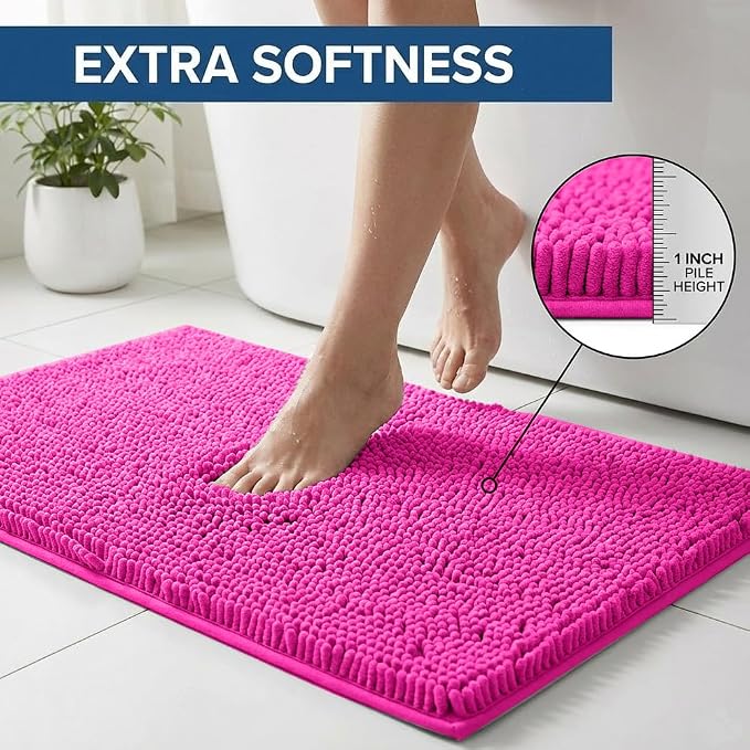 Bathroom Rugs Sets 2 Piece,Super Absorbent Chenille Bath Mats and U-Shaped Toilet Rug,Strong PVC Non Slip Backing,Microfiber Washable Dry Quickly Bath Mats for Bathroom(20"x32"+20"x20"U,Hot Pink)