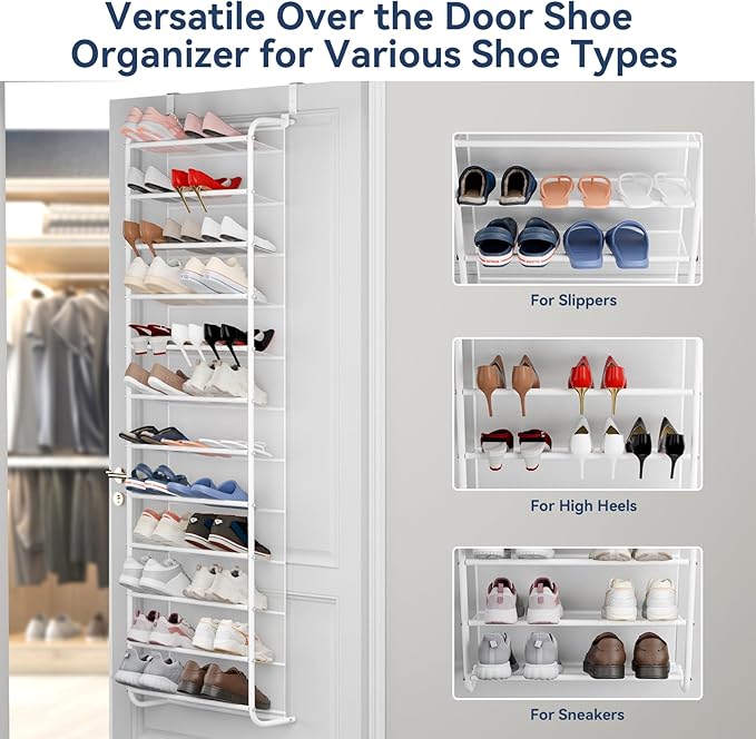 Whitmor 36 Pair Over The Door Shoe Organizer, 12 Tier Hanging Shoe Organizer, Heavy Duty Metal & Mesh Shoe Holder, Hanging Shoe Rack for Closet Organizer & Storage, 74"H x 21.7"W x 7.5"D, White