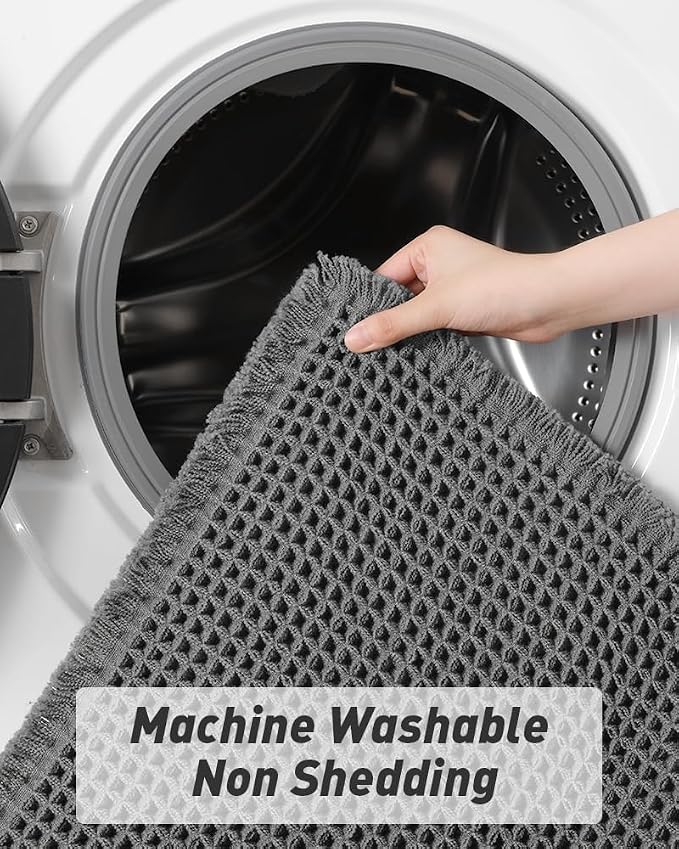 Upgraded Waffle Runner Rug, Super Absorbent Non Slip Bath Mats for Bathroom Floor, Washable Bathroom Runner Rug with Tassels, Ideal for Hallway Bedroom Laundry Room, Dark Grey, 2'x 5'(24" x 60")